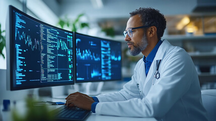 Focused Male Doctor Analyzing Data on Multiple Computer Screens in Modern Office
