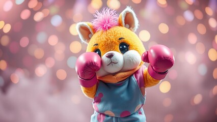 Cute animal boxer with pink gloves against a bokeh background