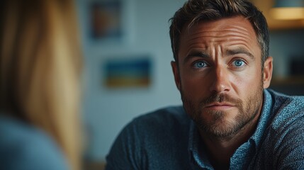 Obraz premium Man with blue eyes engaged in serious conversation with a blurred figure in a cozy indoor setting during daytime