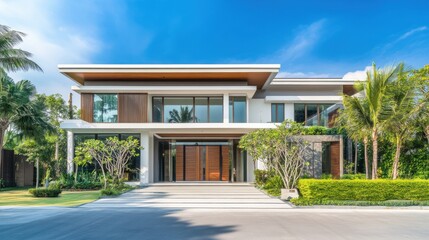 Modern Luxury Home Entrance with Clean Lines, Surrounded by Greenery, Under a Clear Blue Sky, Minimalistic and Serene Design.