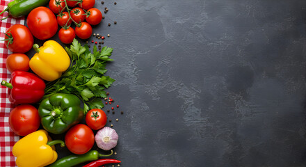 Fresh vegetables arrangement on dark background with copy space, gourmet delight