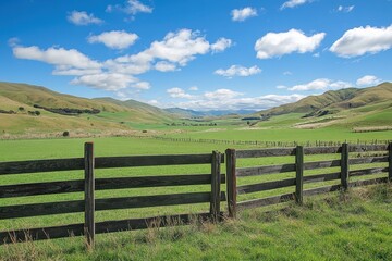 Serene green pasture framed by a rustic wooden fence under a bright blue sky. Ideal for themes of nature, agriculture, and rural landscapes.