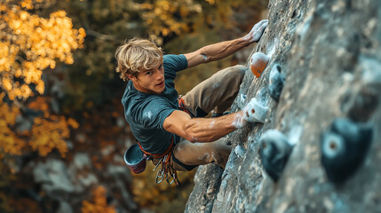 Young male climber ascending steep rock face outdoors autumn man fall grit sport power focus rocks