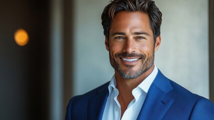 Fototapeta premium Smiling man in a blue suit poses confidently in an elegant indoor setting with warm lighting during a networking event
