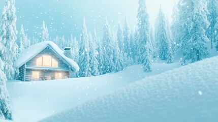 Naklejka premium Winter Wonderland: A charming snow-covered cabin nestled amidst a snowy forest, illuminated by warm interior light, creating a cozy and idyllic winter scene.