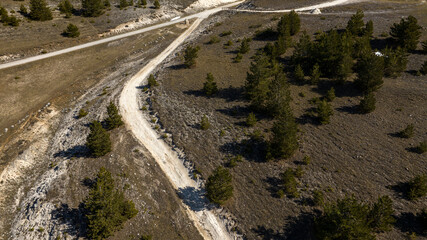Aerial view of a dirt country road.