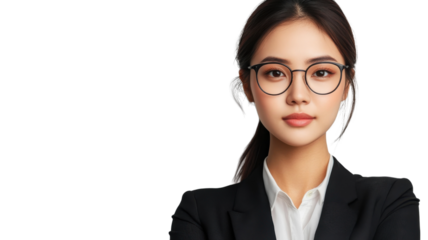 Confident businesswoman poses for a professional portrait in a modern office setting during daylight hours