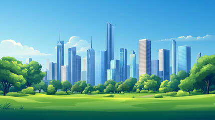 Naklejka premium cartoon illustration green urban Summer city public park garden with trees and clouds with skyline residential buildings skyscrapers on background