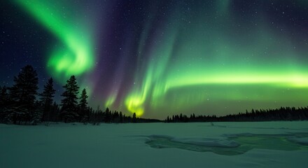 Naklejka premium Observing Vivid Green Aurora Borealis Display Over Snowy Winter Landscape