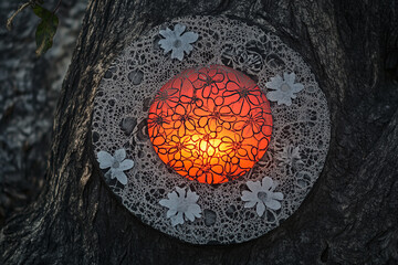 Intricate floral design illuminated lantern in tree trunk art dark glow home warm light white craft