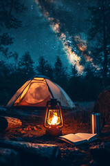 A night camping scene with a glowing lantern, a small tent, and a crackling campfire under a starry sky