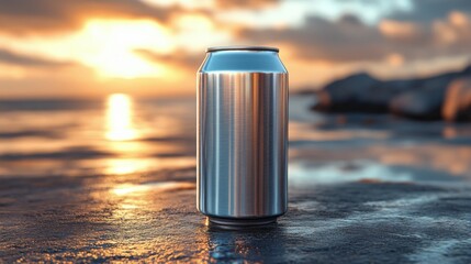 A metal can stands upright on a wet surface near the ocean as the sun sets in the background, casting golden reflections on the water and creating a serene atmosphere.