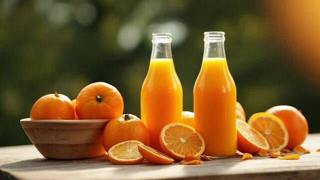 Botellas de jugo de naranja fresco con naranjas enteras y en rodajas