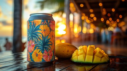 A vibrant canned drink rests beside a ripe mango on a wooden table. The sunset casts warm hues over the scene, creating a relaxed tropical atmosphere at the beach bar.