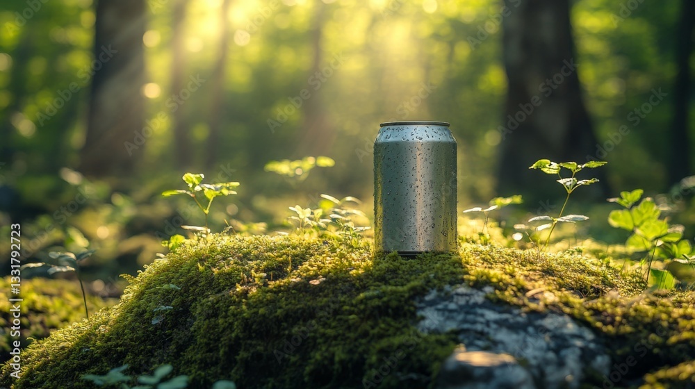 Leinwandbilder a silver can sits on a mossy rock, surrounded by vibrant greenery in a tranquil forest. sunlight bea