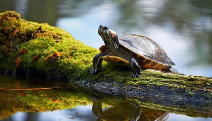 Fototapeta premium Serene nature scene: a turtle rests peacefully on a moss-covered log in a calm pond, with soft ripples on the water reflecting the lush surrounding trees.
