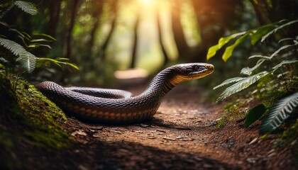 Fototapeta premium A captivating venomous snake moves stealthily along a forest trail, its dark scales gleaming ominously under the soft, dappled sunlight filtering through the trees.