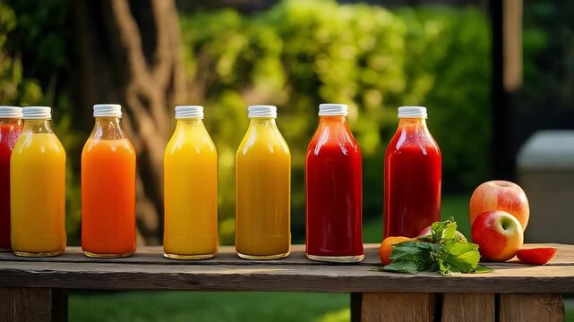 Puesto de jugos naturales en mercado al aire libre con frutas frescas