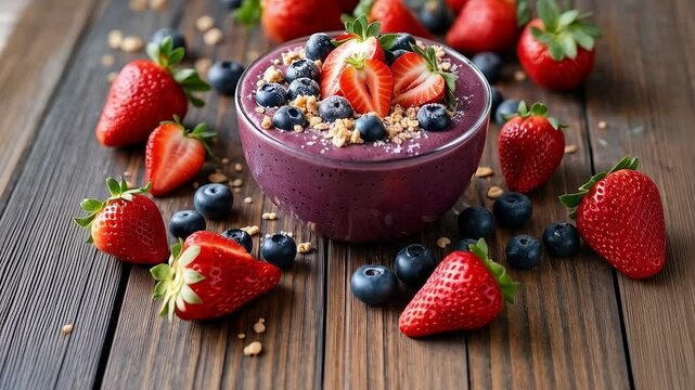 Taz&oacute;n de batido de frutos rojos con fresas, ar&aacute;ndanos, granola y coco rallado