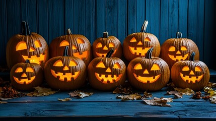 Obraz premium Halloween Jack-o'-lanterns on a rustic wooden surface