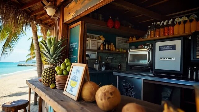 Bar de jugos tropicales en la playa con frutas frescas y bebidas refrescantes