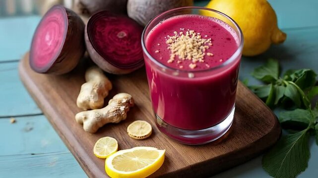 Jugo de betabel y jengibre en vaso con ralladura de jengibre y lim&oacute;n