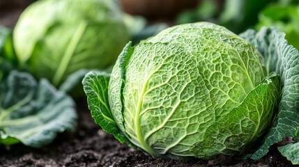 Fresh Savoy Cabbage A Detailed Close-Up of this Leafy Green Vegetable in a Rich Garden Bed