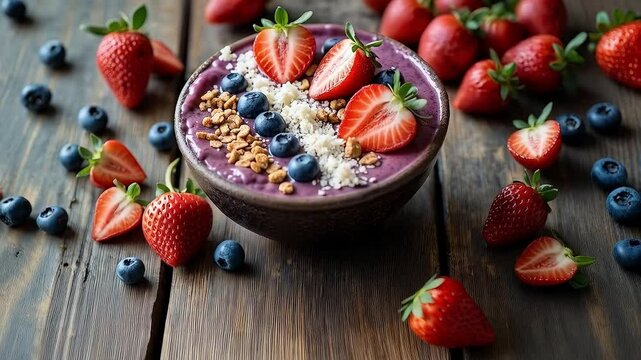 Taz&oacute;n de batido de frutos rojos con fresas, ar&aacute;ndanos, granola y coco rallado