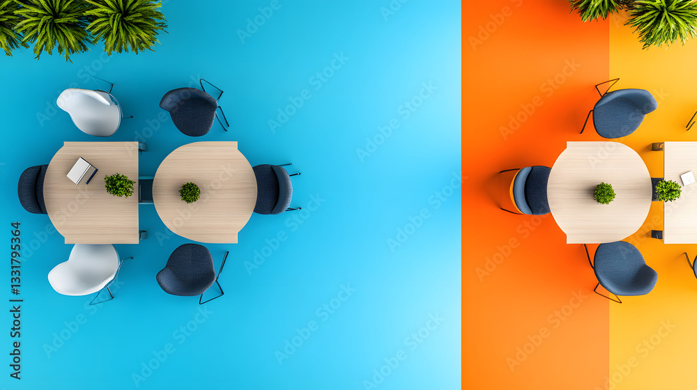 Poster modern office workspace overview creative design contemporary environment top view
