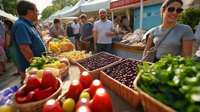 Puesto de jugos naturales en mercado de agricultores con frutas frescas