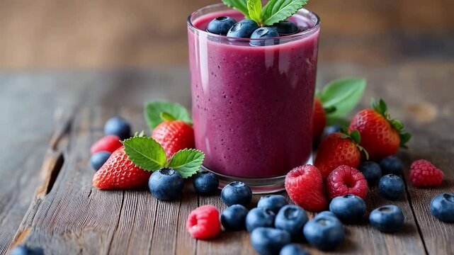  Batido de frutos rojos en vaso con fresas y ar&aacute;ndanos frescos
