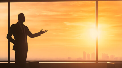 Fototapeta premium Empowering employee training and development strategies at sunset business office silhouette view
