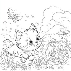 Fototapeta premium Playful Kitten Chasing Butterfly: A charming black and white illustration captures a joyful kitten frolicking amidst flowers, playfully chasing a butterfly.