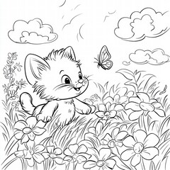 Fototapeta premium Whimsical kitten and butterfly illustration: A charming black and white illustration captures a kitten's playful encounter with a butterfly amidst a field of wildflowers.