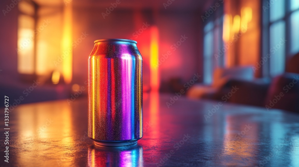 Poster a colorful beverage can stands alone on a polished countertop. the ambient lighting creates vibrant 