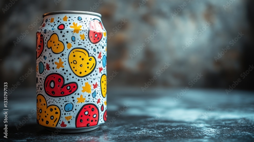 Poster a decorative beverage can features vibrant patterns like hearts, stars, and polka dots in red, yello