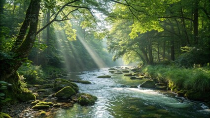 Obraz premium Serene Forest River with Sunlight Beaming Through Lush Green Trees