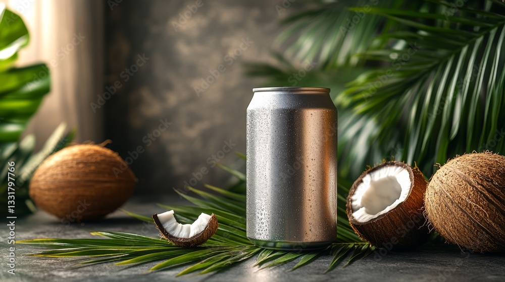 Poster A cold can of coconut drink stands on a table beside fresh coconuts, one open and ready to drink. Lush tropical leaves create a vibrant backdrop for this refreshing scene.