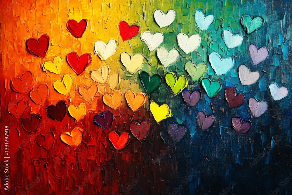Poster Colorful hearts in various shades create a vibrant pattern on a textured canvas