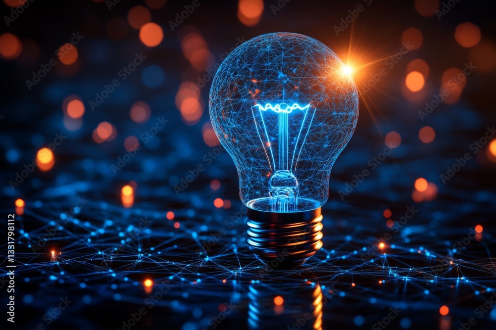 Poster bright idea generated by a glowing light bulb surrounded by digital connections in a dark environmen