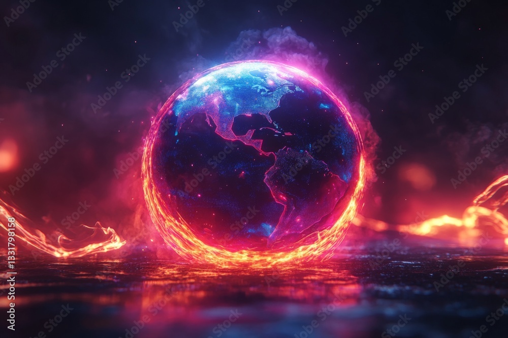 Poster colorful cosmic representation of earth illuminated by fiery elements in a surreal digital artwork