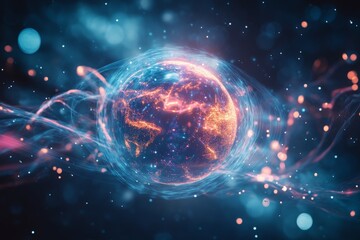 Obraz premium Colorful digital representation of Earth surrounded by glowing particles and swirling colors