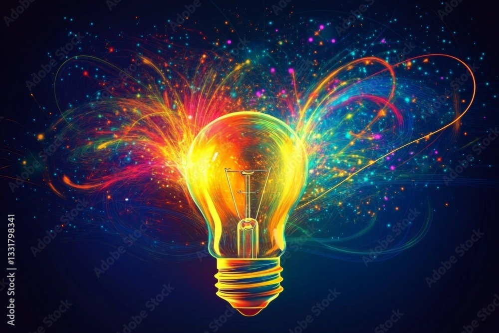 Poster bright and colorful light bulb bursting with creativity and energy in a vibrant cosmic background