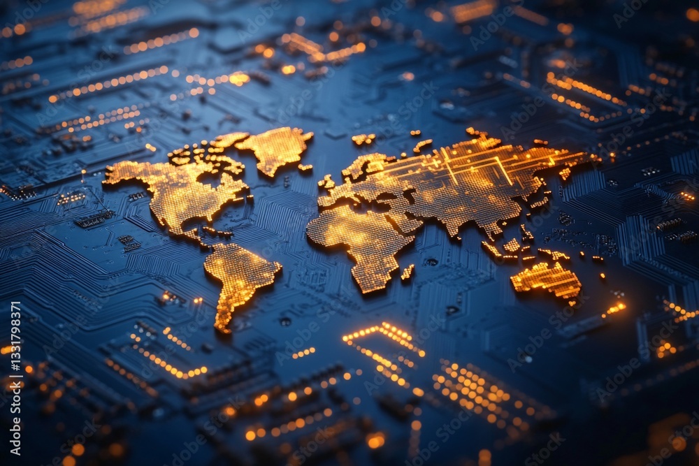 Leinwandbilder digital map of the world illuminated by circuits and lights in a high-tech environment