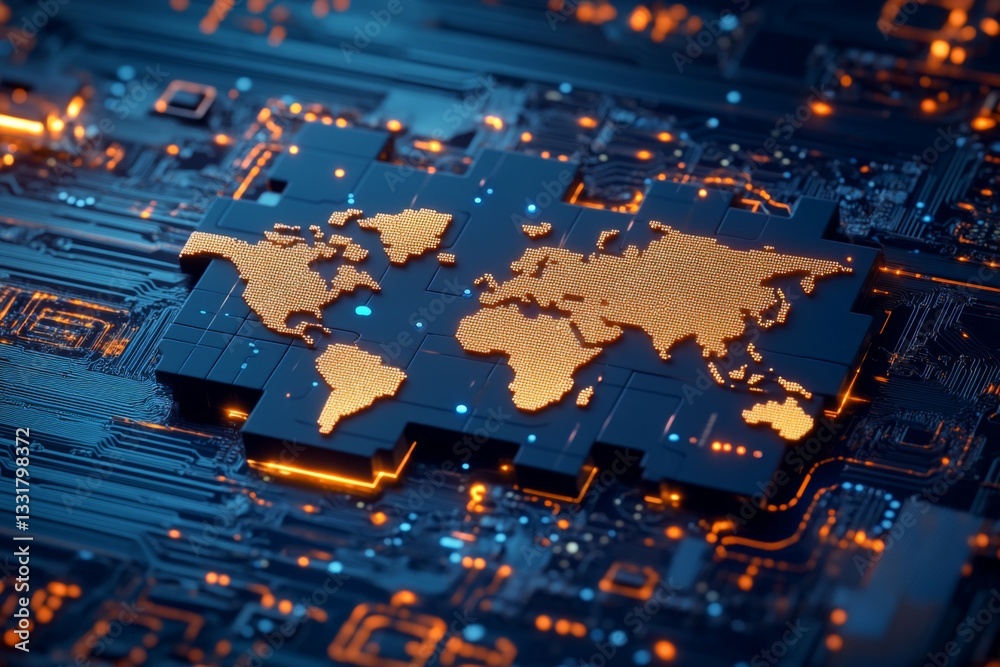 Poster Digital world map on a circuit board showcasing technology and connectivity in a modern setting