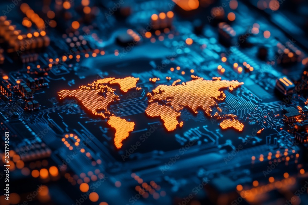 Aufkleber global connectivity represented through a glowing world map on a circuit board at night