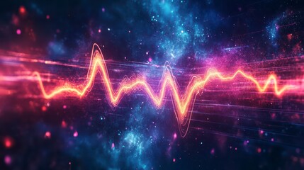 Cosmic Symphony: Abstract wave pulsates with energy, against a backdrop of a nebula, and representing the universe