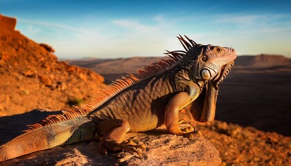 A vibrant iguana with its scales glowing brightly in the sunlight, perched majestically on a rocky ledge within a vast desert landscape, showcasing its striking adaptation to the arid environment.

