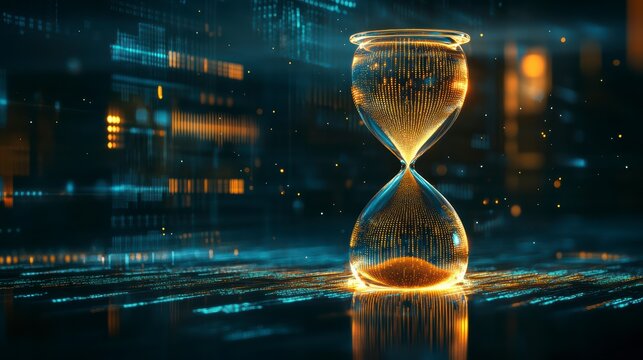 Time's Passage: An hourglass sits in the middle of an abstract digital scene, visually narrating the swift passage of time. With mesmerizing sand flow within the glass.