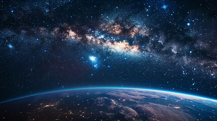 Landscape with the Milky Way galaxy. Earth view from space with the Milky Way galaxy.